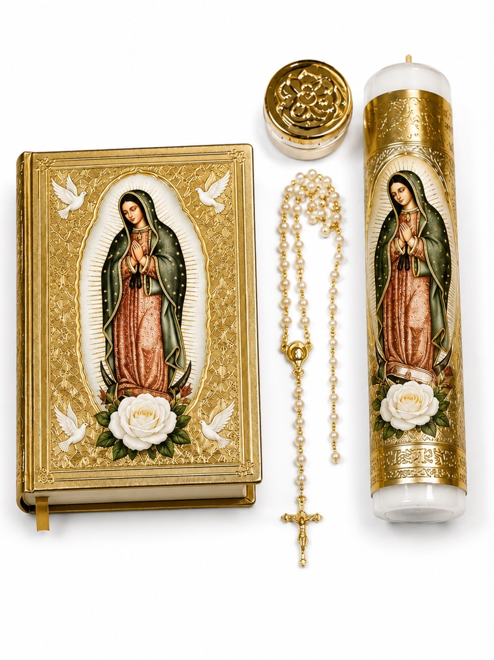 Virgin of Guadalupe Bible ,Rosary & Candle Gift Set in Gold and Green
